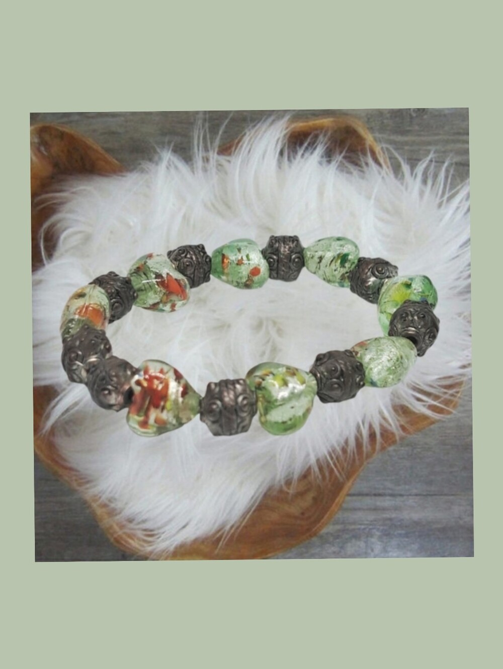 Green Beads Slip-on Bracelet & Dark Stone Accents